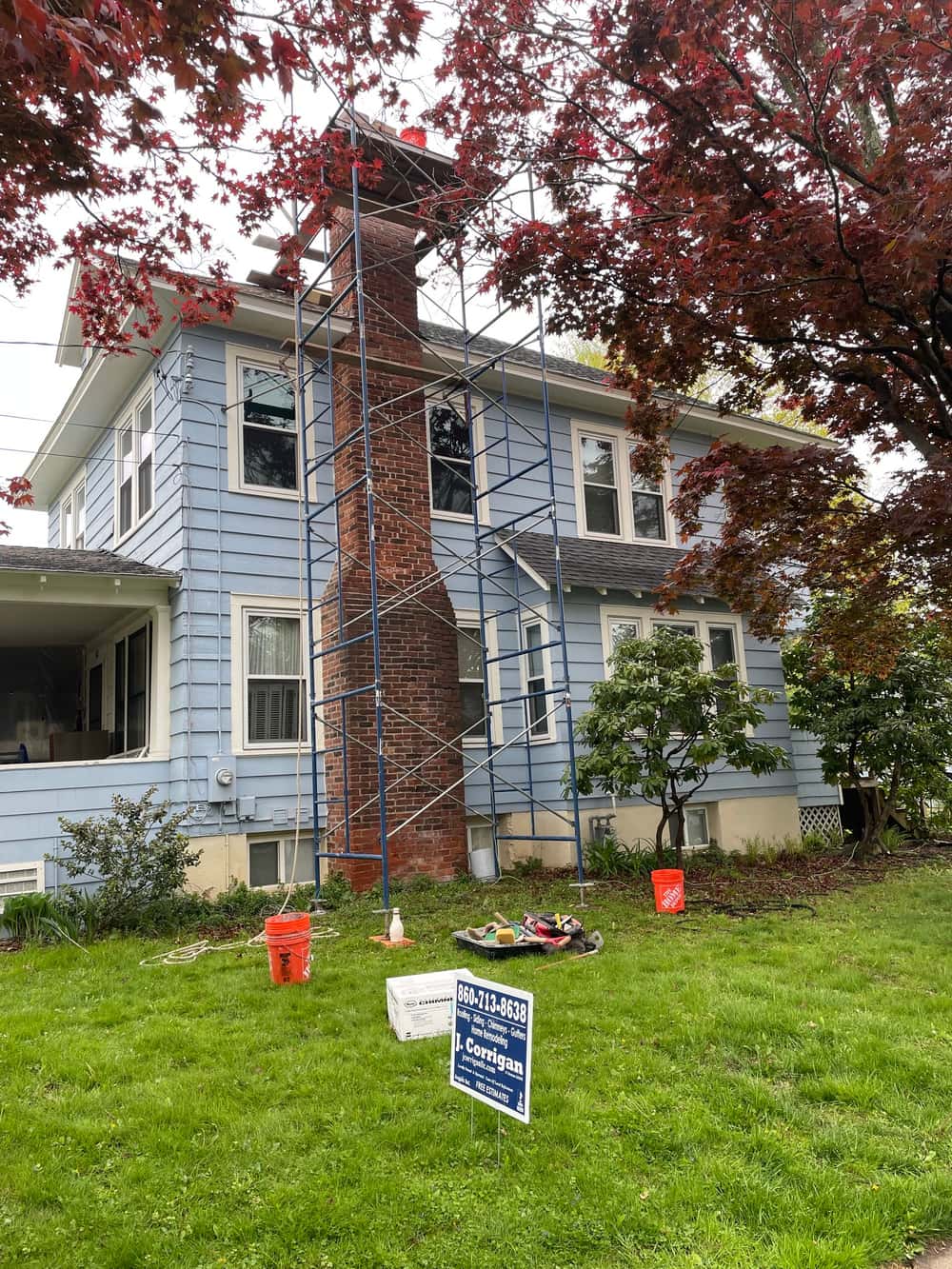 Freshly tuckpointed chimney mortar joints built for New England weather